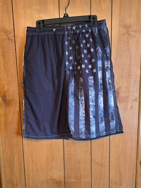 Men's Black Printed Swim Shorts with American Flag Accent